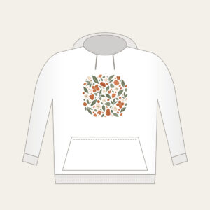 Garden Terrazzo of Leaves and Blossoms Hoodie in white: An all-over terrazzo of leaves, pebbles and blossoms in terracotta, sage and cream.