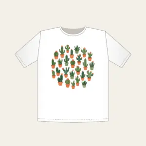 Potted Cacti in Terracotta T-Shirt in white: Potted cacti in terracotta and green repeat on a cream ground.