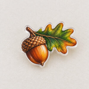 Tiny Acorn Pin with a single acorn with an oak leaf in warm brown and green with a thin gold outline