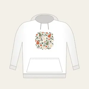 Pear and Pebble Terrazzo Garden Hoodie in white: All-over terrazzo of pears, leaves and pebbles in sage, terracotta and cream.