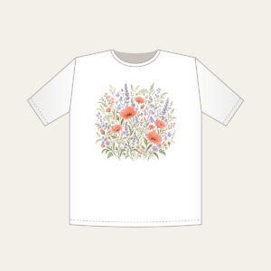 Coral and Lilac Wildflower Meadow T-Shirt in white: Wildflowers and swaying grasses in coral, lilac and sage spread across a cream ground.