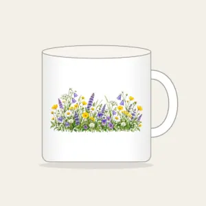 Wildflower Strip Beneath a Pale Sky Mug in white: A strip of yellow, purple and white wildflowers runs along the lower edge beneath a pale sky gradient.