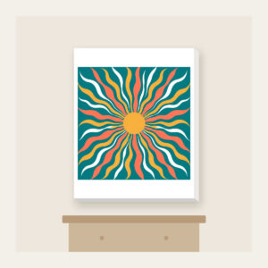 Sunrise Lines in Coral and Gold on Teal Canvas Print in white: All-over sunrise lines in coral, gold and white on a teal ground.