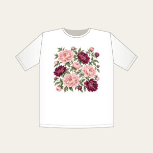 Peony Lace Garden T-Shirt in white: Peony blooms and leaves in blush, plum and sage on cream with a lace-look border.