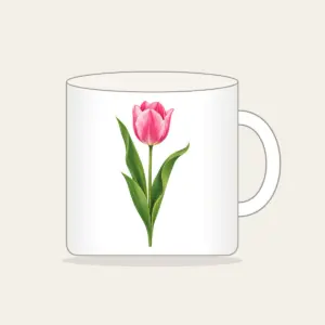 Single Pink Tulip with Long Leaves Mug in white: A single tall tulip with long leaves in pink and green.