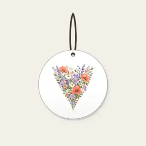 Wildflower Meadow in Coral and Lilac Ceramic Ornament in white: A single tall wildflower meadow in coral, lilac, green and cream narrows to a point at the lower edge.