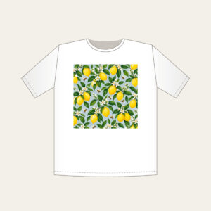Lemon and Bee Garden Repeat T-Shirt in white: A repeat of lemons, glossy leaves and tiny bees in yellow and green on a pale blue-grey ground.