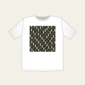 Staggered Olive Dashes on Charcoal T-Shirt in white: Short olive and cream dashes in a staggered rhythm on charcoal.