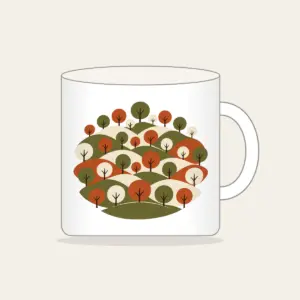 Rolling Orchard Hills Mug in white: Rows of round trees on hills in olive, rust and cream.