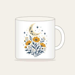 Crescent Moon over Ochre Wildflowers Mug in white: A crescent moon floats over ochre wildflowers and pale star dots on a cream and navy illustration.