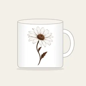 Single Daisy with Curved Stem Mug in white: A single daisy with a curved stem in white and deep brown.