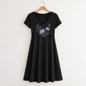 Midnight Bloom V-Neck Jersey Dress with a compact night-blooming floral print in lilac and pale grey, centered on the front chest below the neckline