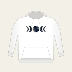 Gold-Veined Navy Marble with Moon Phases Hoodie in white: A marbled navy field with gold veining and a row of five moon phases in the center.