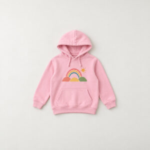 Baby Pink Rainbow Hill Kid Hoodie with compact front chest panel print of a rainbow arching over three hills with a sun in coral, yellow and green, hood shown with drawstrings as in the supplier image