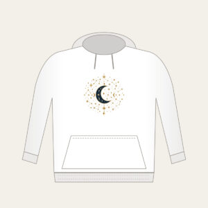 Gilded Constellations and Crescent Moons Hoodie in white: Cream and gold constellations and crescent moons drift across a deep navy sky.