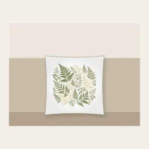 Pressed Ferns with a Gold Line Pillow in white: All-over pressed ferns in sage and cream, edged with a fine gold line.