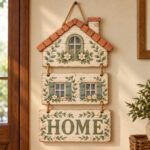 Three-tier wooden house sign reading HOME, joined by rope