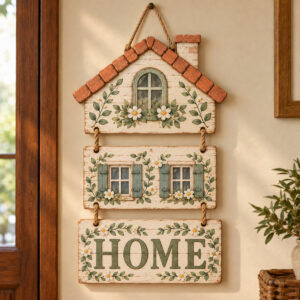 Three-tier wooden house sign reading HOME, joined by rope