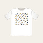 Trout Flies in Diagonal Rows T-Shirt in white: Tiny trout flies lined up in diagonal rows in navy, gold and cream.