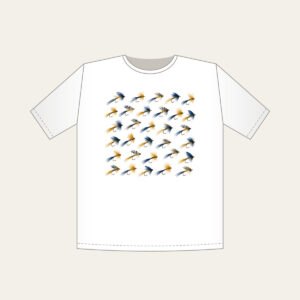 Trout Flies in Diagonal Rows T-Shirt in white: Tiny trout flies lined up in diagonal rows in navy, gold and cream.