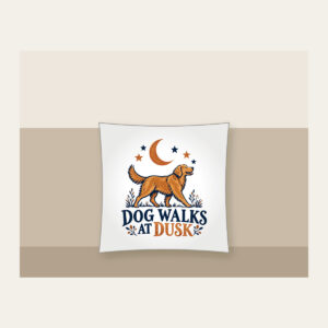 DOG WALKS AT DUSK Pillow in white