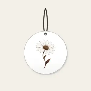 Single Daisy with Curved Stem Ceramic Ornament in white: A single daisy with a curved stem in white and deep brown.