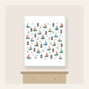 Tiny Sailboats and Harbour Lanterns Canvas Print in white: Tiny sailboats and harbour lanterns repeat in teal, coral and cream.