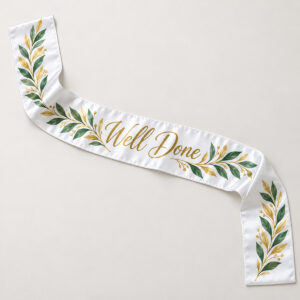 Laurel Well Done Satin Stole with laurel leaves in gold and green along both ends with the words "Well Done" at the centre