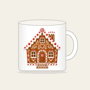 Gingerbread Cottage with Icing Swirls Mug in white: A gingerbread-style cottage with white icing swirls and candy dots in brown, white and red.