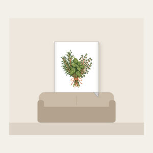 Herb Bundle with String Fleece Blanket in white: A bundle of rosemary, basil and thyme tied with string in green, cream and terracotta.
