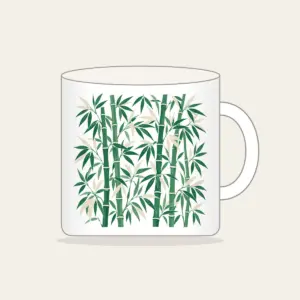 Jade Bamboo Grove Pattern Mug in white: Tall bamboo stalks and slender leaves repeat in jade and cream.