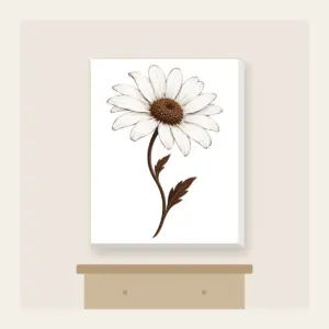 Single Daisy with Curved Stem Canvas Print in white: A single daisy with a curved stem in white and deep brown.