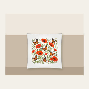 Butterflies Among Poppies Pillow in white: Orange-and-black butterflies drift between poppies and tall grasses on a cream ground.