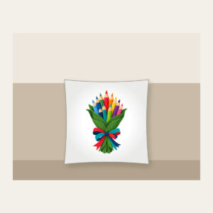 Pencil Bouquet Pillow in white: Colored pencils gathered like a bouquet in a green leaf wrapping with a red, teal and navy ribbon.