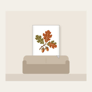 Oak Branch with Acorns Fleece Blanket in white: An oak branch with three leaves and two acorns in rust, olive and cream.